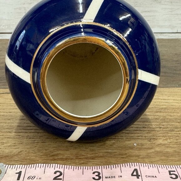 Vintage Cylinder Navy Vase With White and Gold Decoration McDonough Art Deco - Picture 10 of 10
